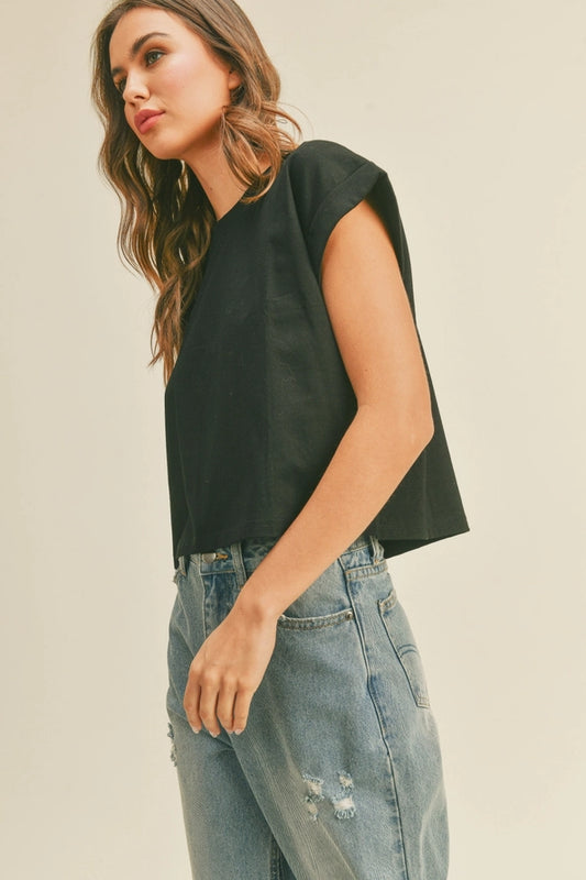 Carolina Round Neck Cuffed Sleeve Top/Black