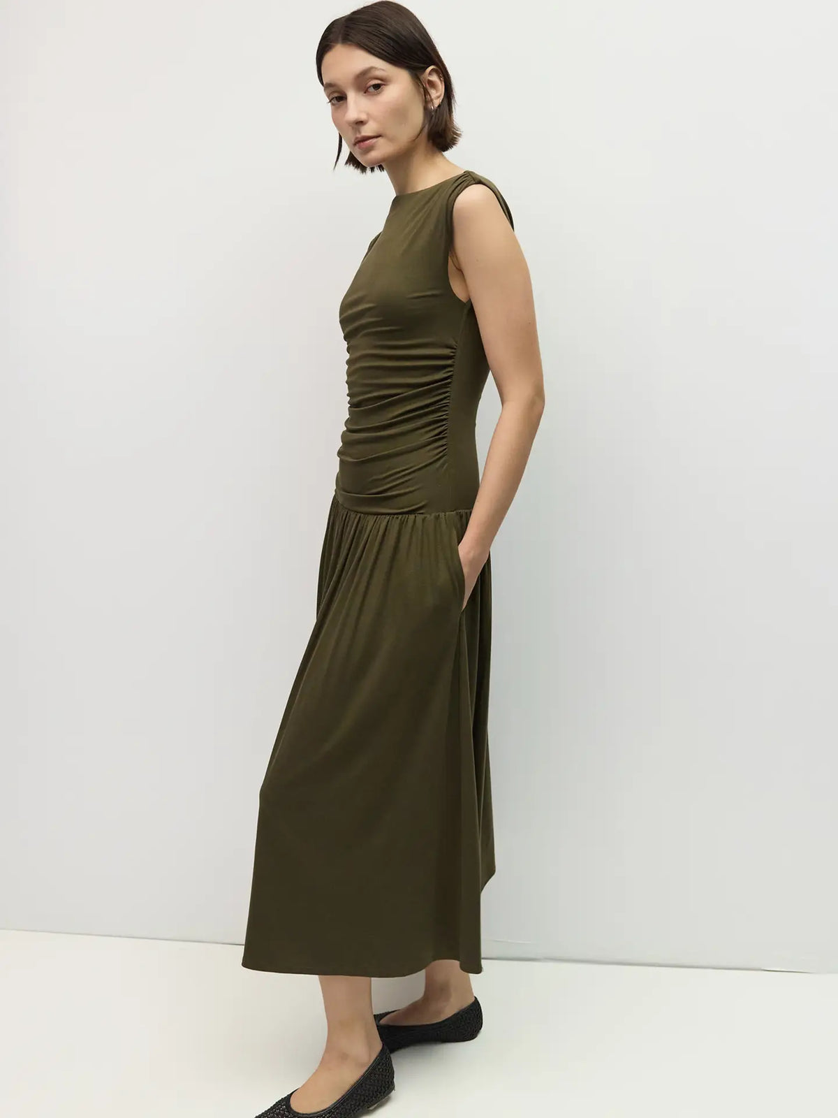 Amara Wide Cowl Neck Ruched Midi Dress/Olive