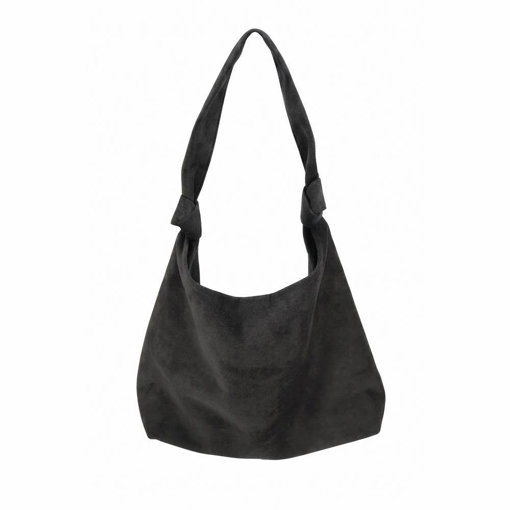 Vegan Suede Knotted Handle Hobo Shoulder Bag: BK