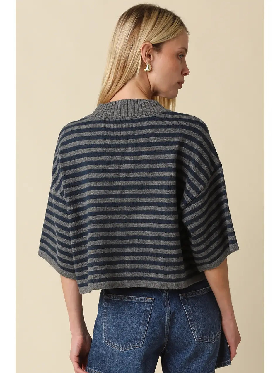 Natalia Striped Short Sleeve Button Up Knit/Dk.Grey+Navy