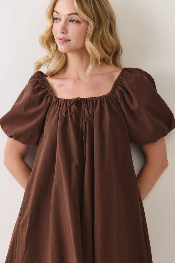 Catherine Woven Babydoll Dress Puff Sleeves/Brown