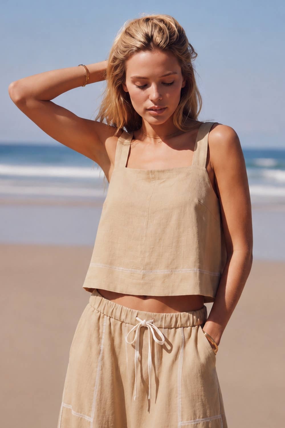 Georgia Linen Stitch Crop Top/Beige