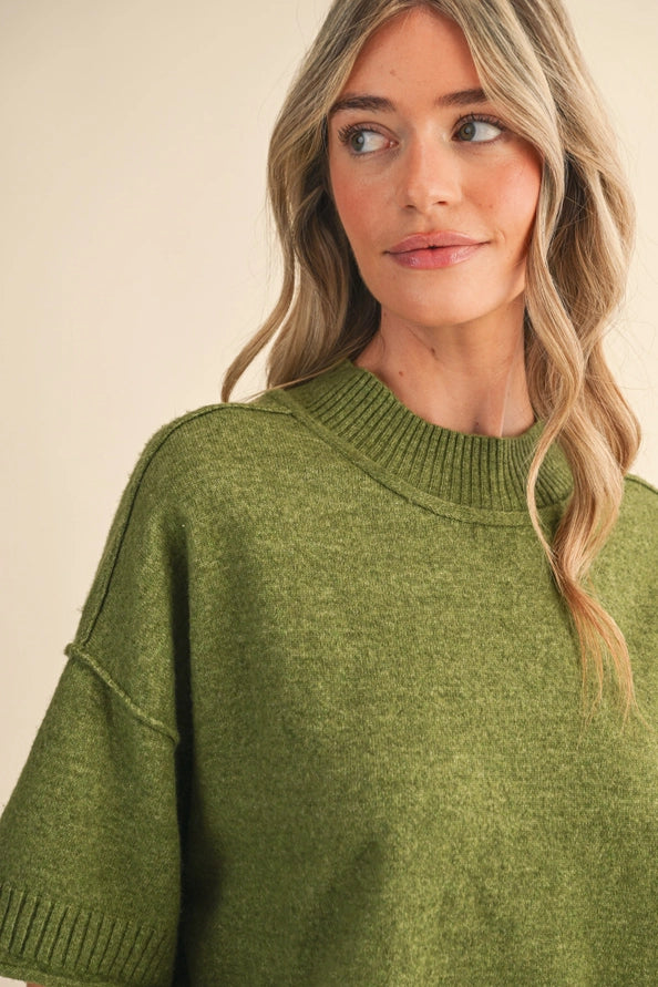 Kate Marled Knit Mock Neck Short Sleeve Top/Olive Green