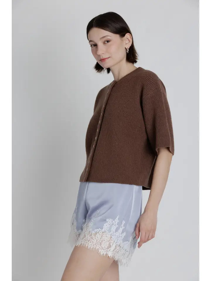 Callie Button Down Short Sleeve Sweater Top/Brown