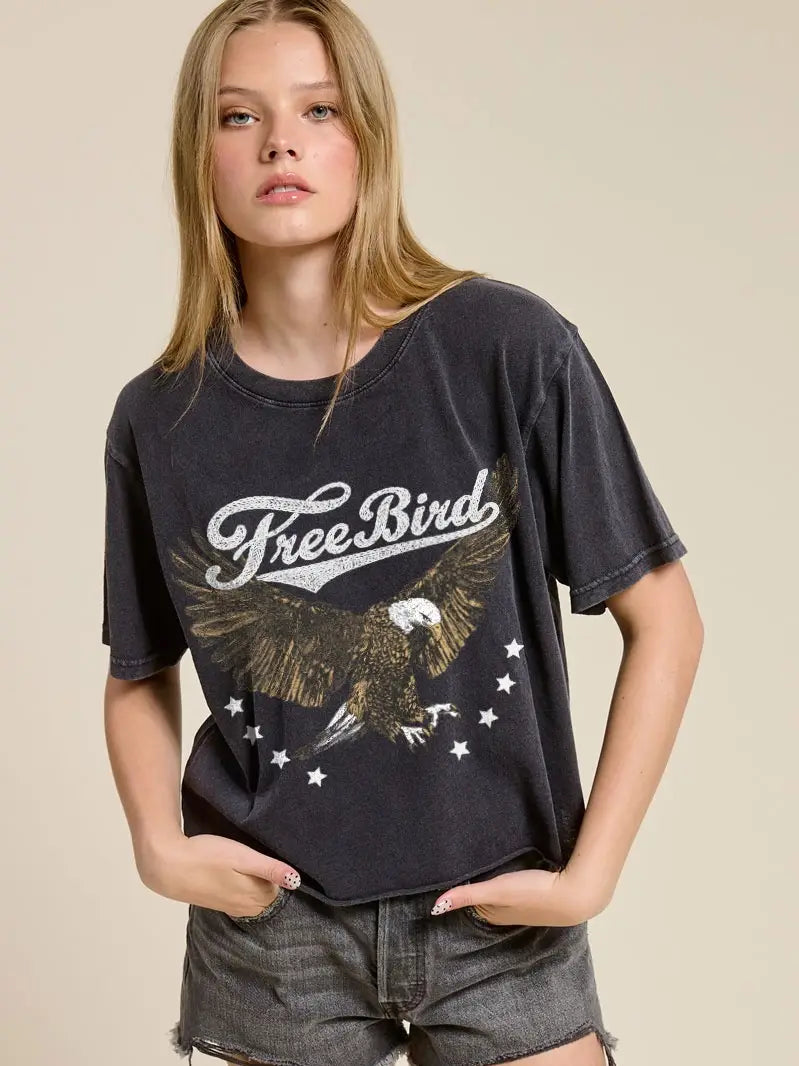 Puff Stitching Free Bird Graphic Tee/Blk