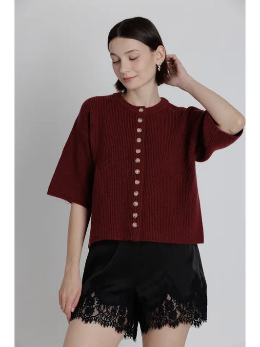 Callie Button Down Short Sleeve Sweater Top/Burgundy
