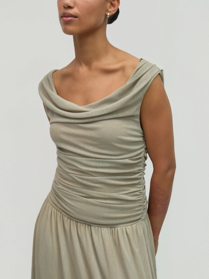 Annabelle Cowl Wide Neck Drape Mesh Midi Dress