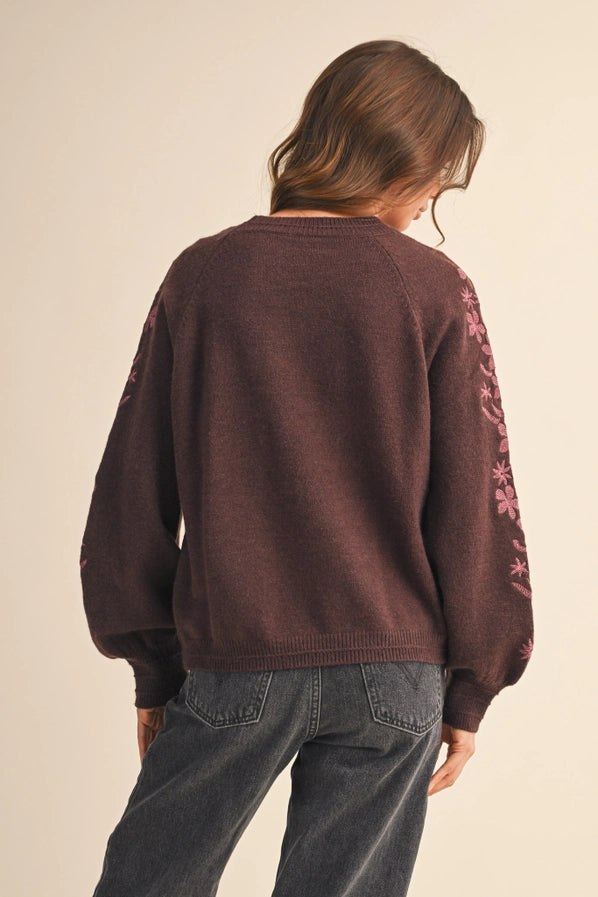 Anne Marie Floral Embroidery Pullover Sweater/Brown