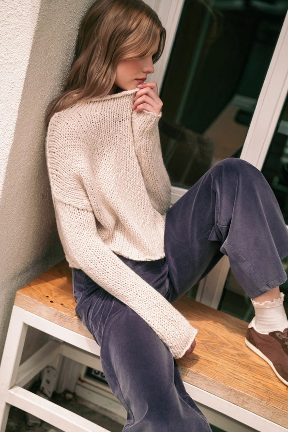 Adeline Roll Hemming Long Sleeve Knit Top/Ivory