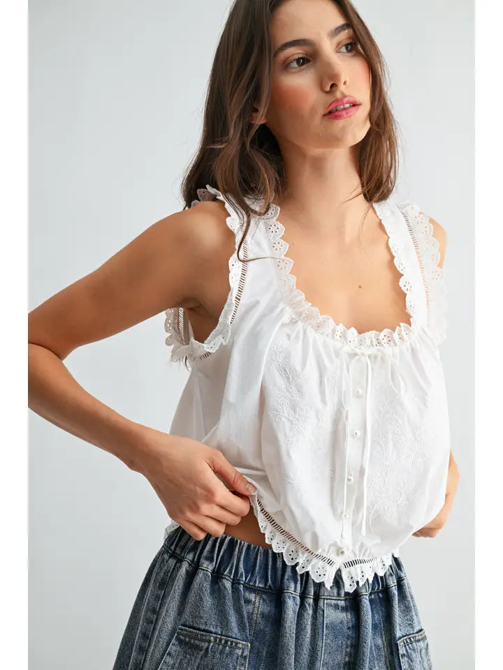 Reese Embroidered Ruffle Trim White Tank Top