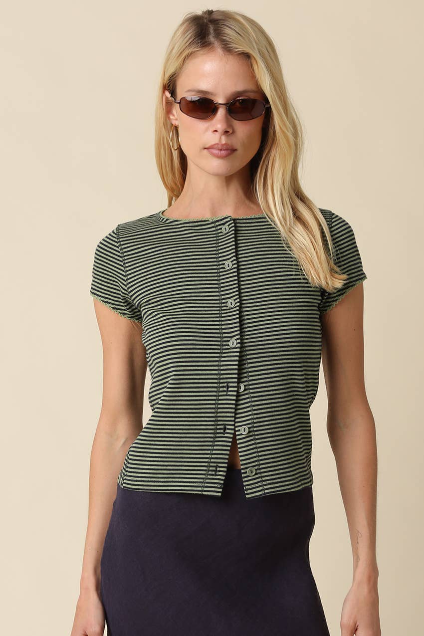 Tahni Striped Button-Front Top/Avocado