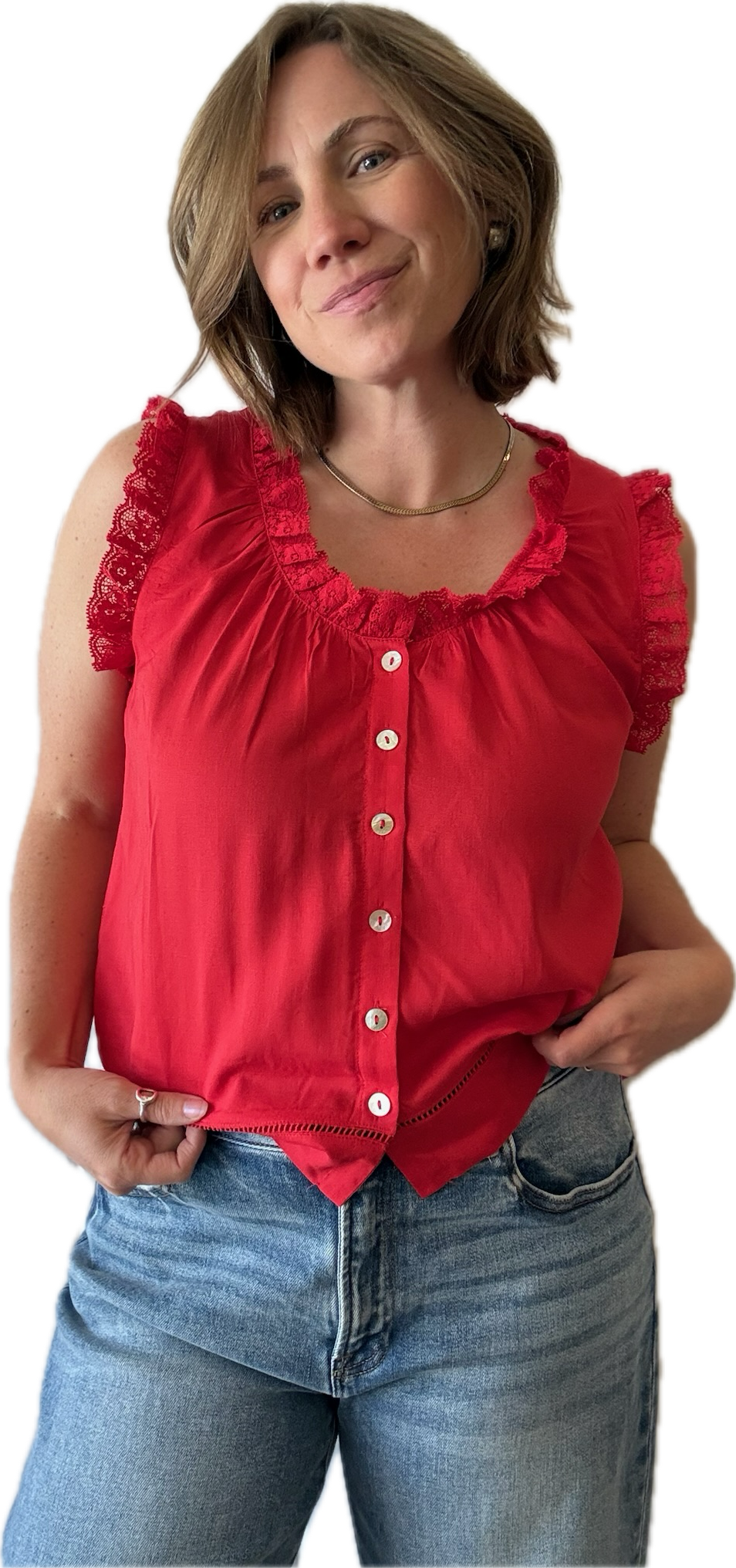 Rae Lace Trim Button Sleeveless Blouse/Red