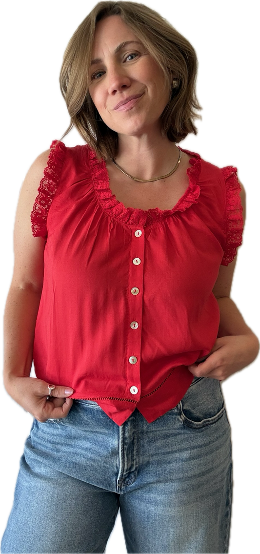 Rae Lace Trim Button Sleeveless Blouse/Red