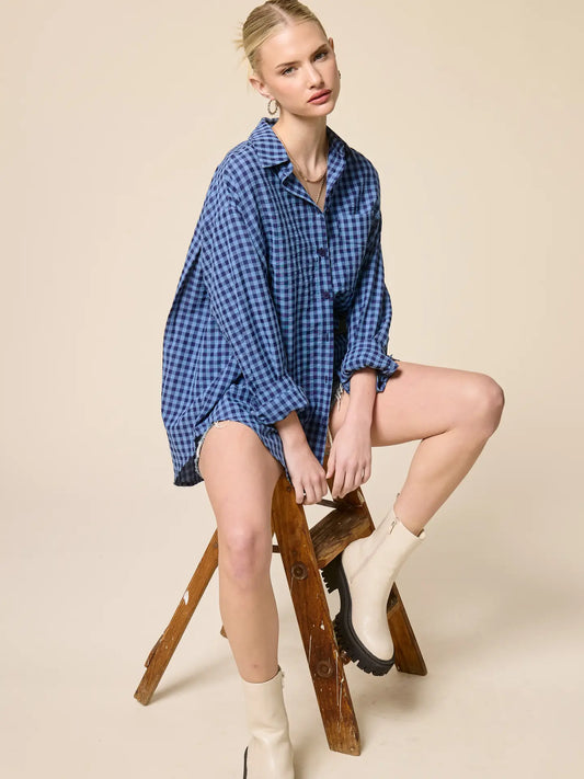 Kelly Oversized Gingham Button Down Top/Blue