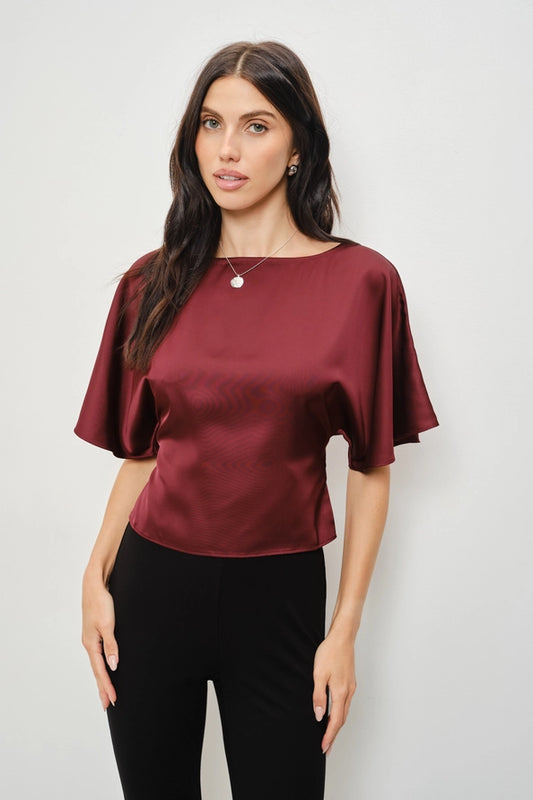 Darla Satin Flutter Sleeve/Burgundy