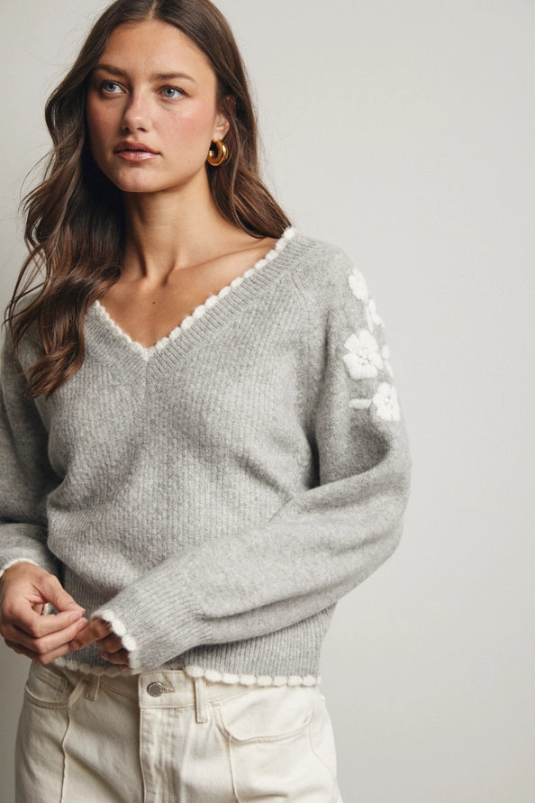 Mary Floral Applique V neck Sweater