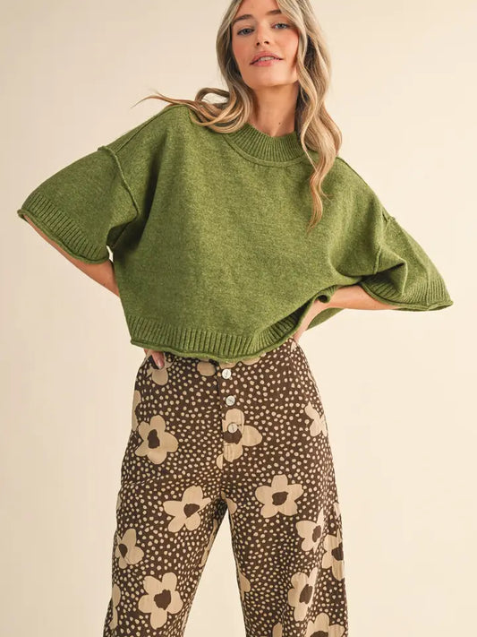 Kate Marled Knit Mock Neck Short Sleeve Top/Olive Green