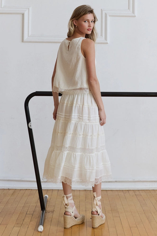 Quinn Lace Panel Midi Elastic Waist Band Skirt