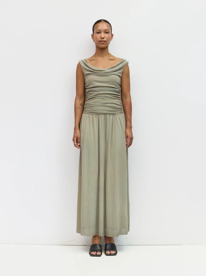 Annabelle Cowl Wide Neck Drape Mesh Midi Dress