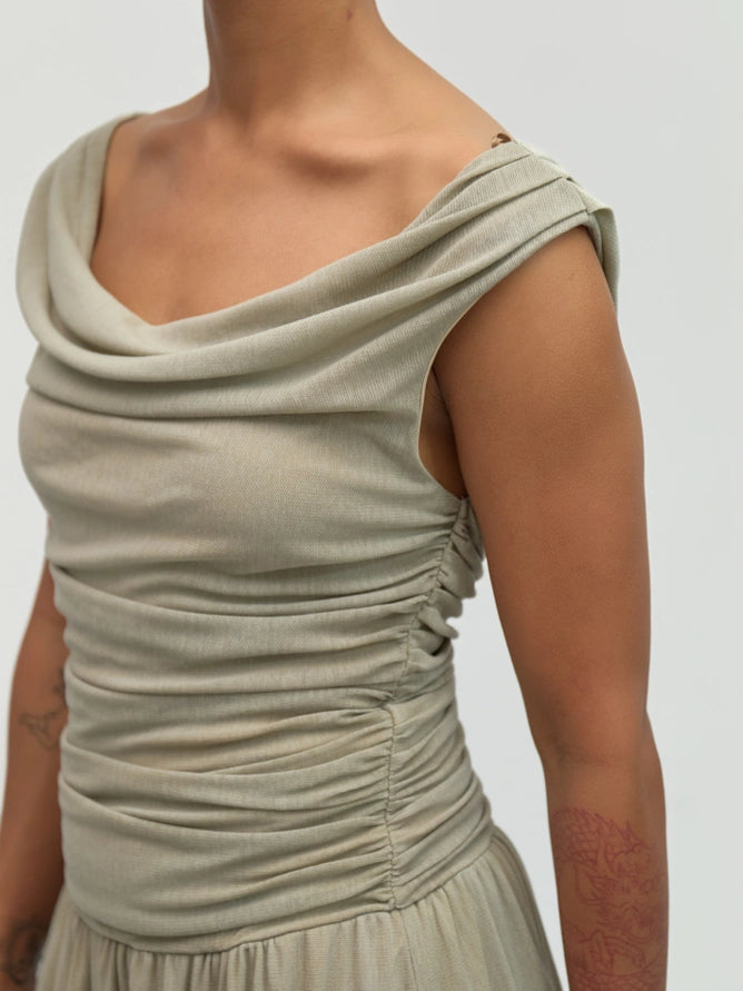 Annabelle Cowl Wide Neck Drape Mesh Midi Dress