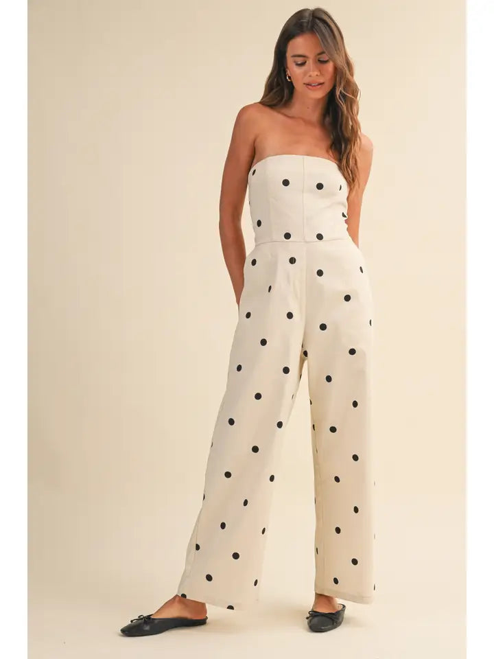 Teresa Polka Dot Strapless Jumpsuit-Cream/Black