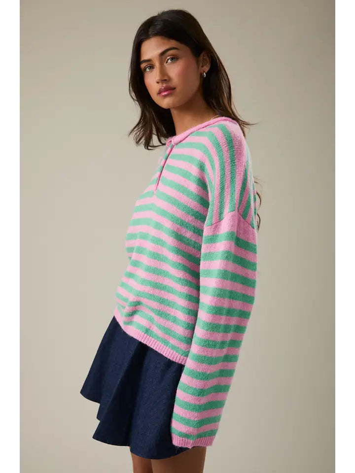Alexis Long Sleeve Rolled Hem Half Button Down Stripe Knit
