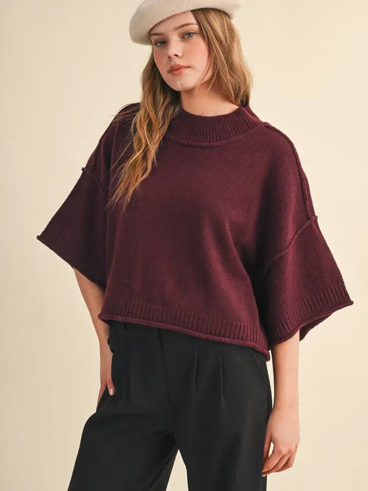 Kate Marled Knit Mock Neck Short Sleeve Top/Wine