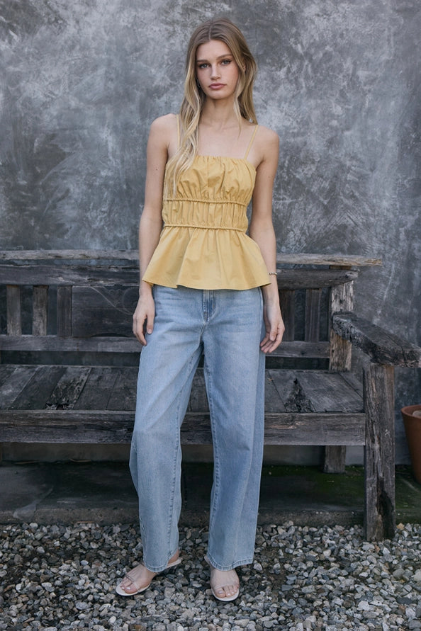Kimmi Ruched Peplum Cami Top/Mustard