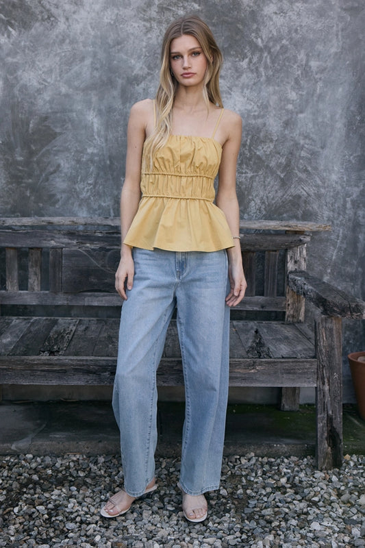 Kimmi Ruched Peplum Cami Top/Mustard