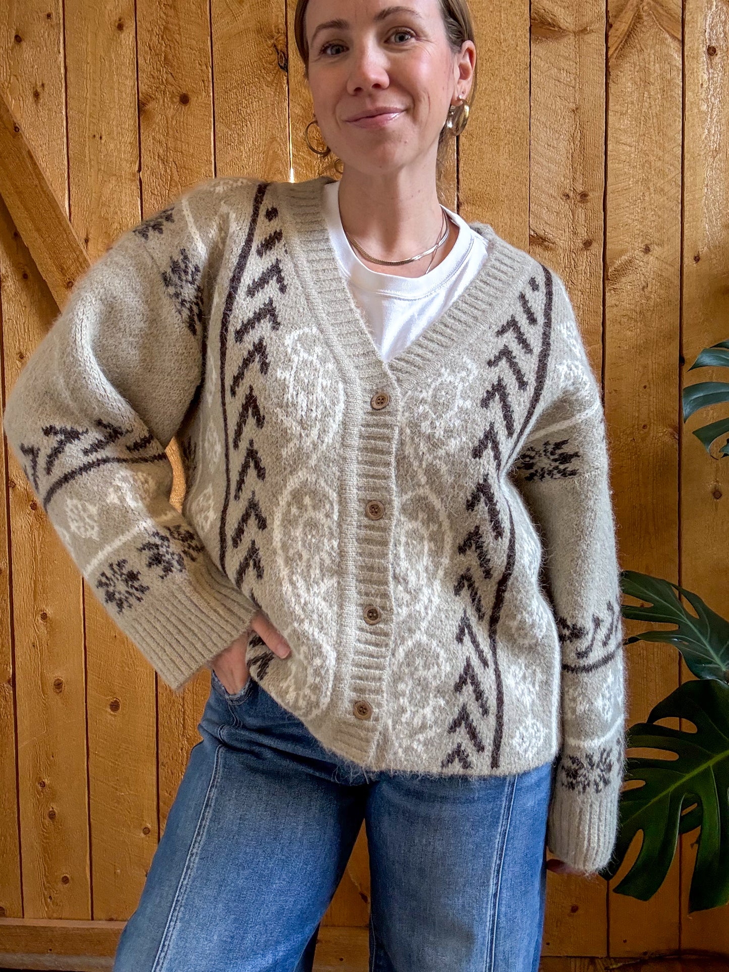 Julia Fuzzy Knit Patterned Jacquard Cardigan