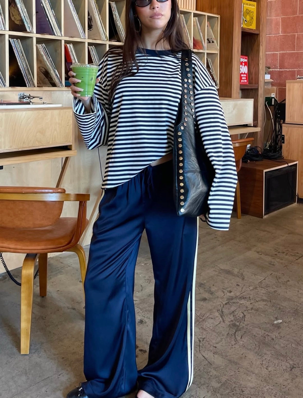 Louise Satin Elastic Waistband Pants Side Stripe/Navy
