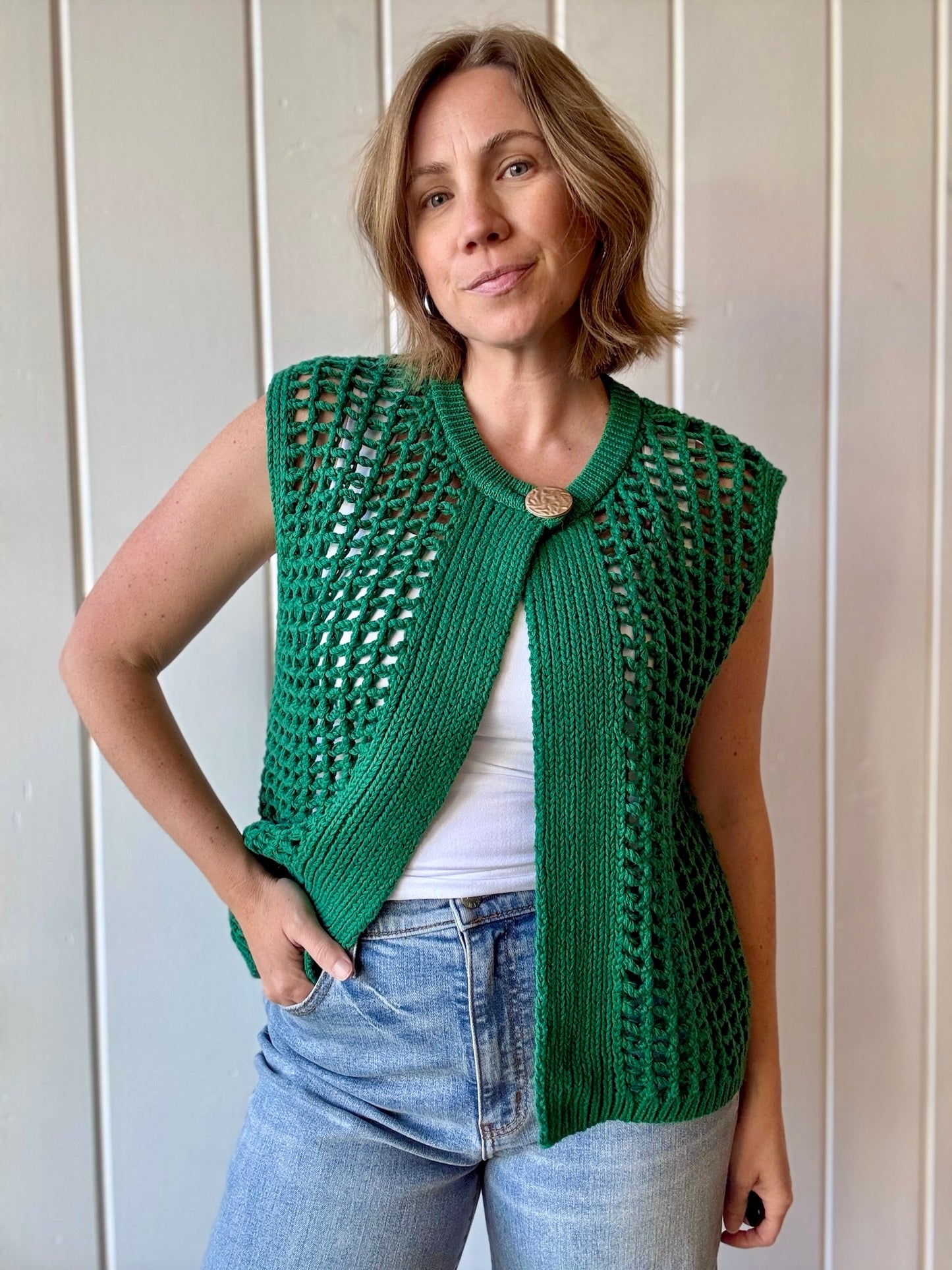 Wren Open Knit Crochet Vest/Green