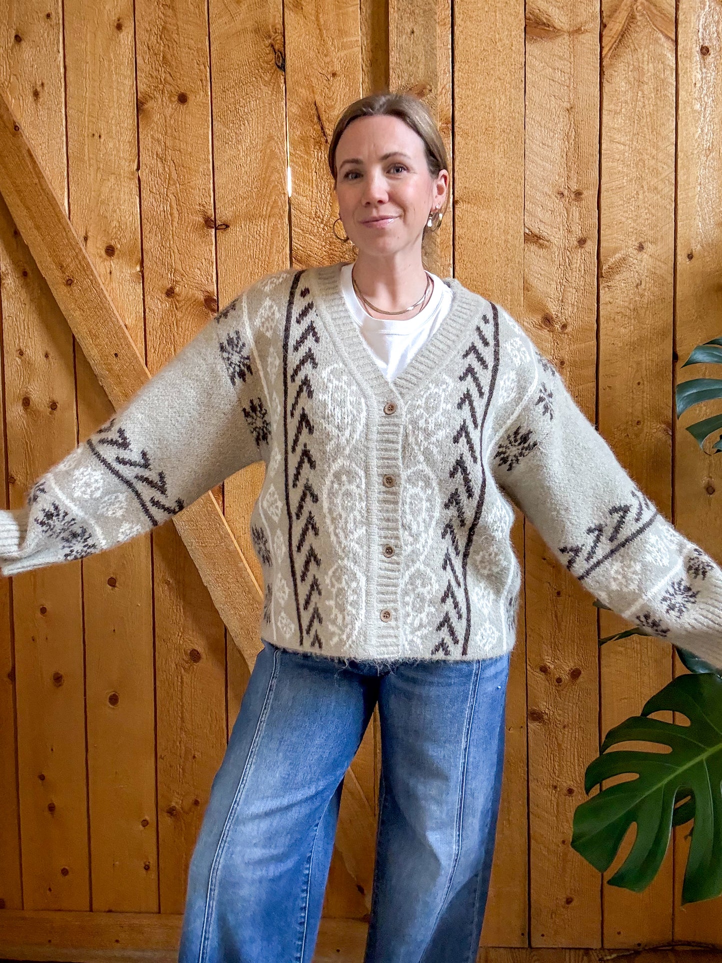 Julia Fuzzy Knit Patterned Jacquard Cardigan