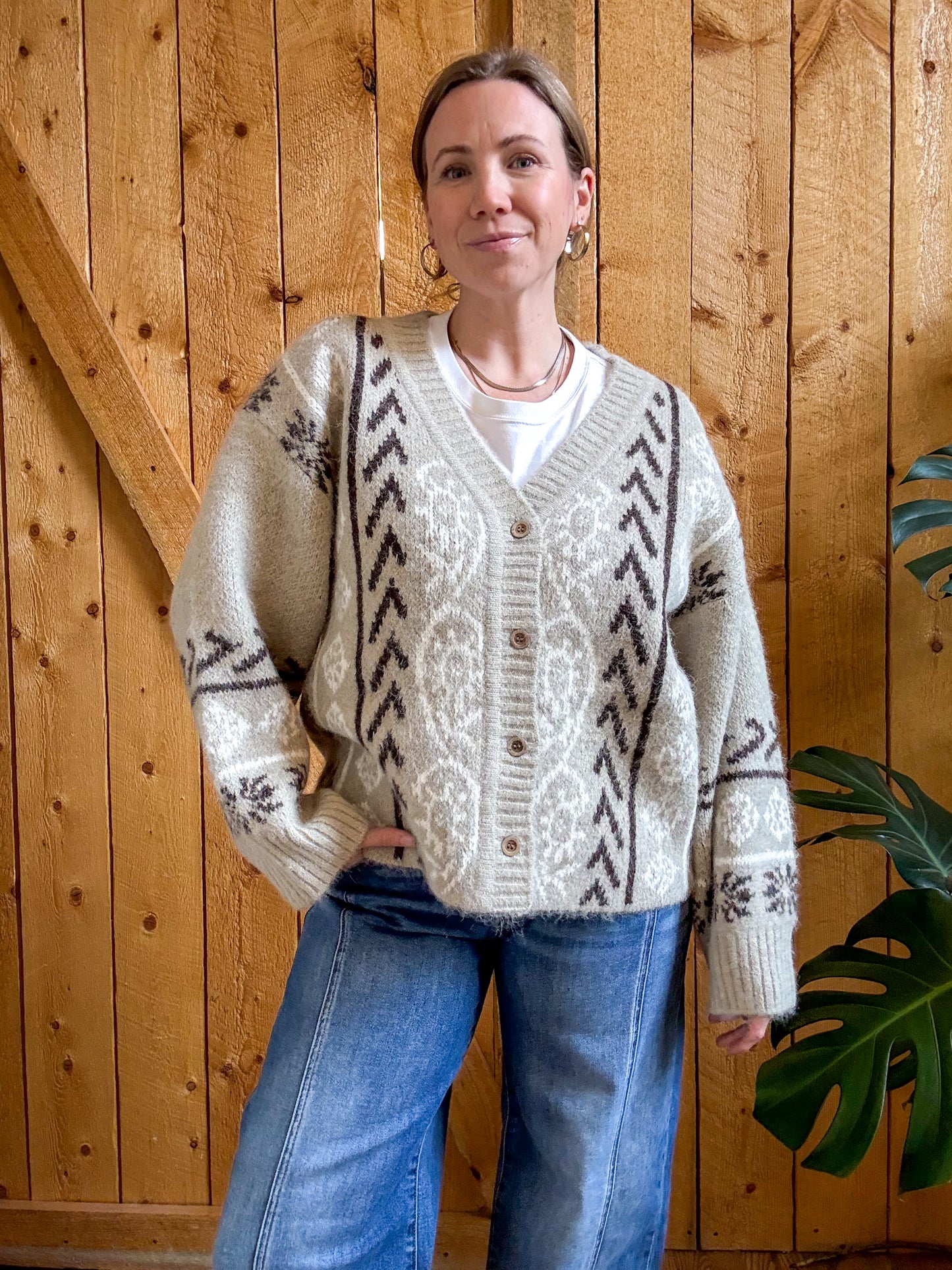 Julia Fuzzy Knit Patterned Jacquard Cardigan