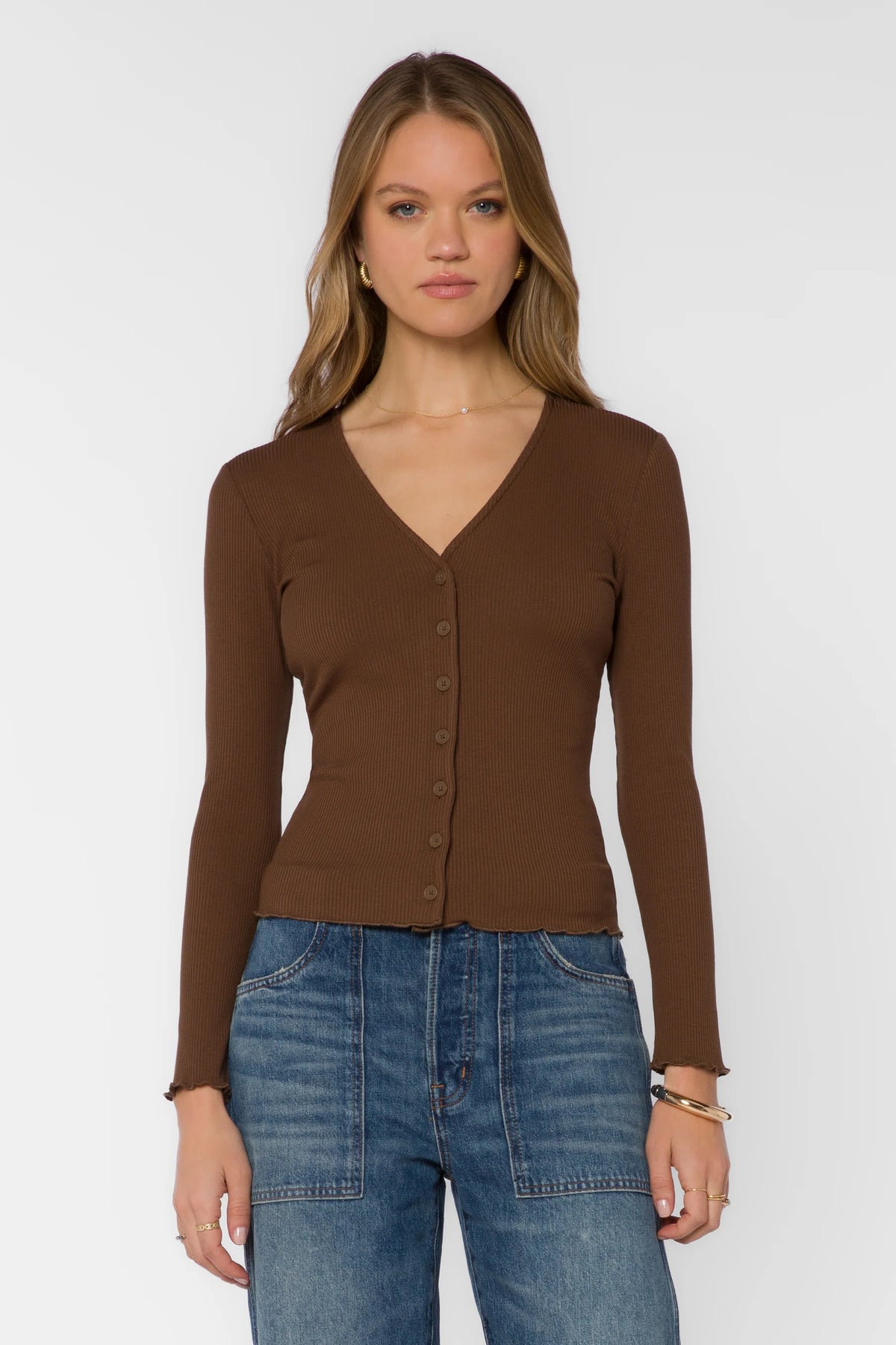 Everlane V neck L/S Ribbed Tan Top