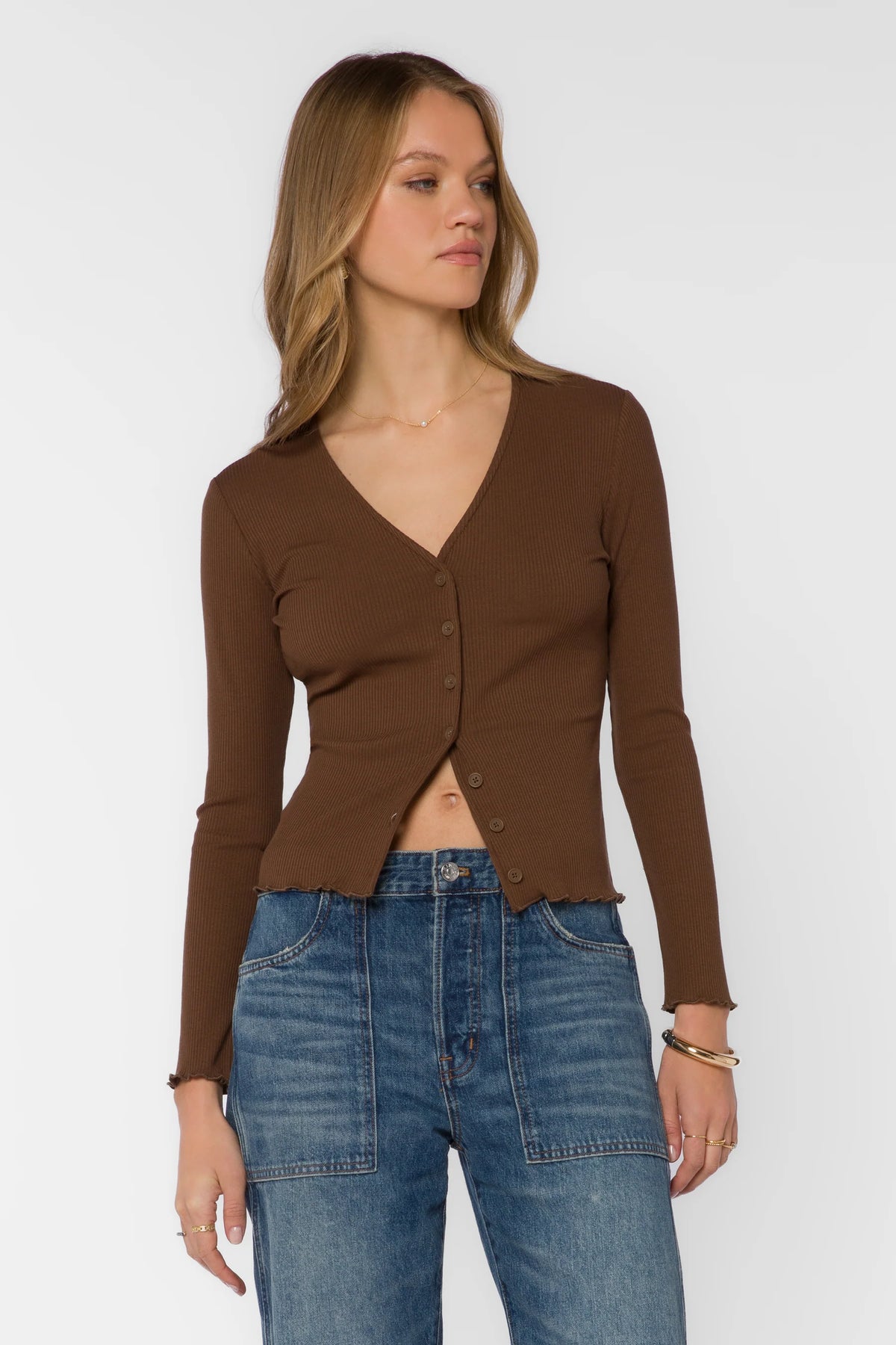 Everlane V neck L/S Ribbed Tan Top