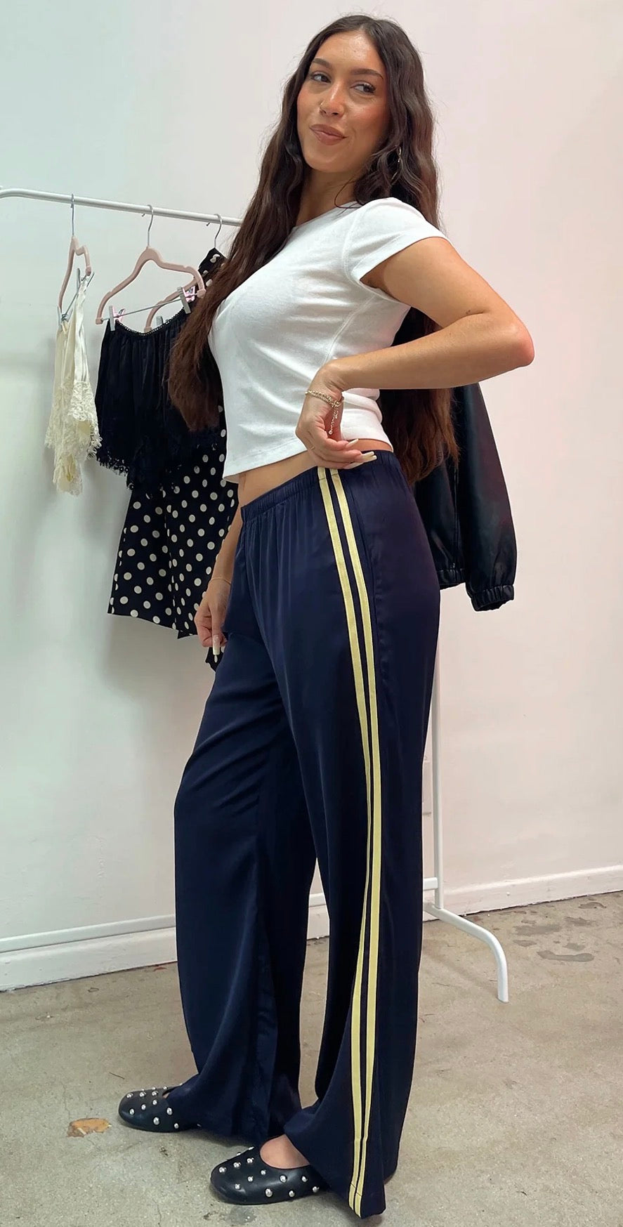 Louise Satin Elastic Waistband Pants Side Stripe/Navy