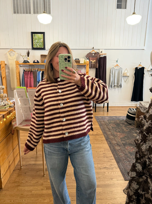 Gigi Striped Chunky Knit Cardigan/Burgundy