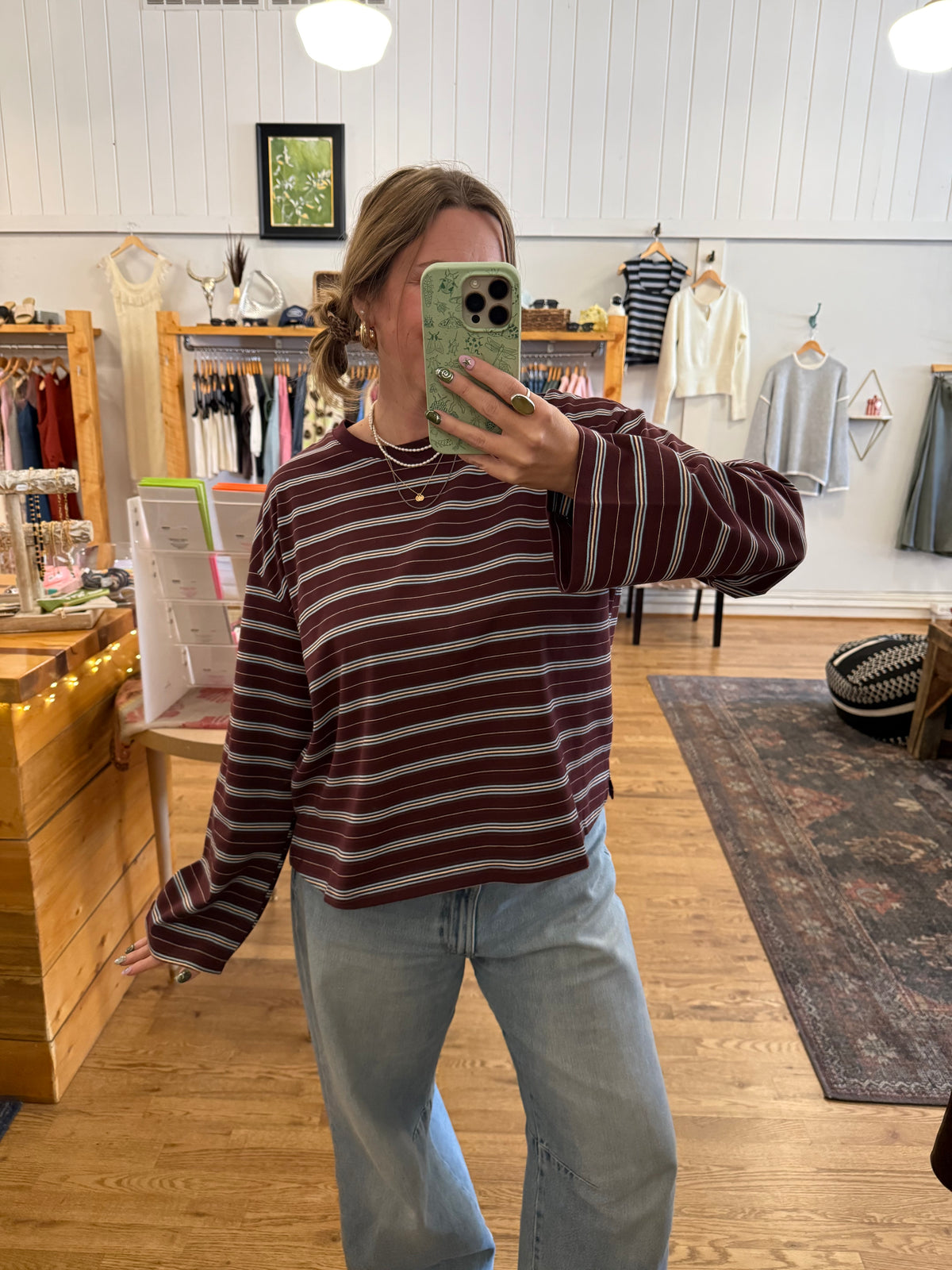 Bailey Striped Long Sleeve Top/Burgundy