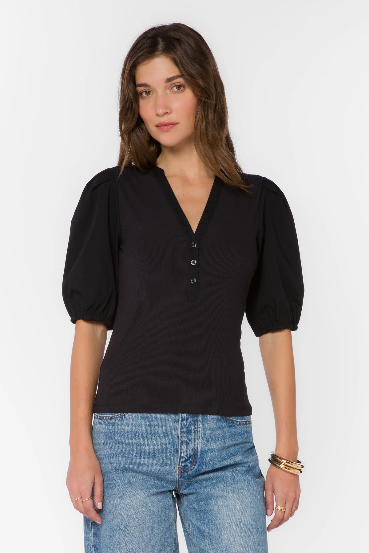 Anna V Neck Henley Top/Black