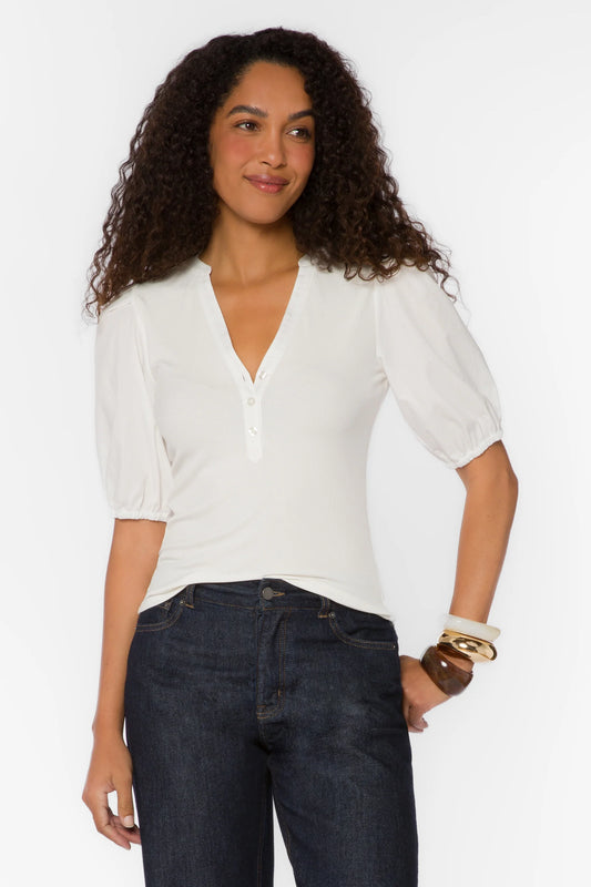 Anna V Neck Henley Top/White