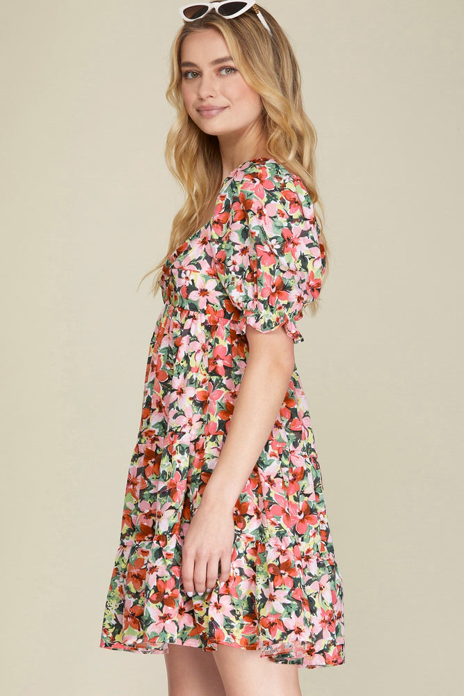 Puff Sleeve Floral Tiered Dress