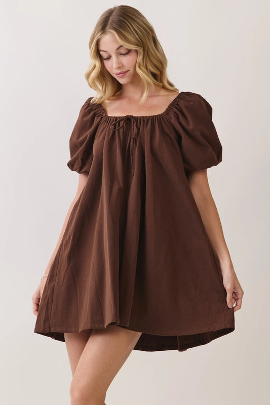 Catherine Woven Babydoll Dress Puff Sleeves/Brown