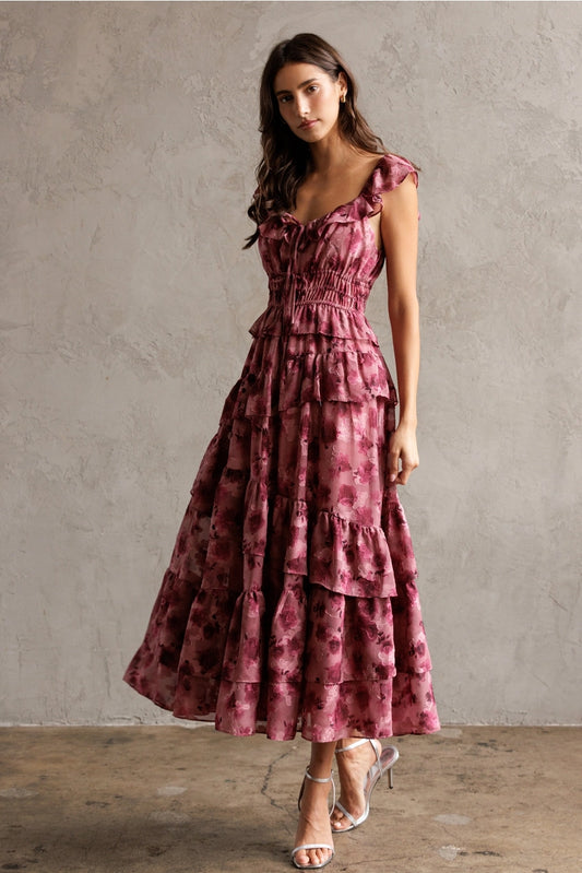 Priscilla Floral Riffled Tiered Midi Dress
