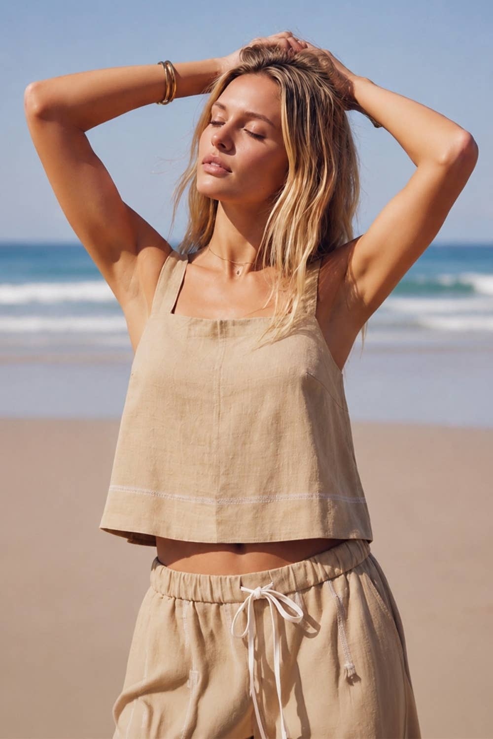 Georgia Linen Stitch Crop Top/Beige