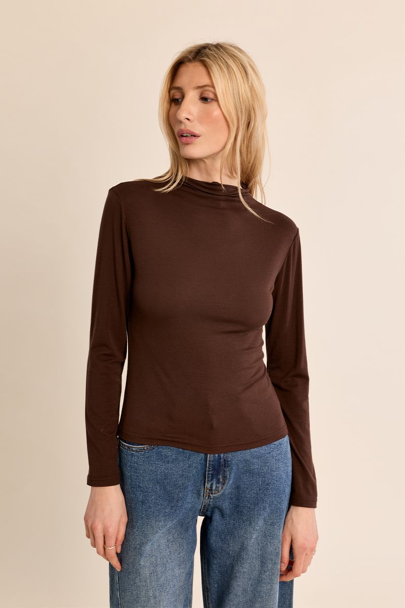 Abbey Mock Neck Long Sleeve Top/Brown