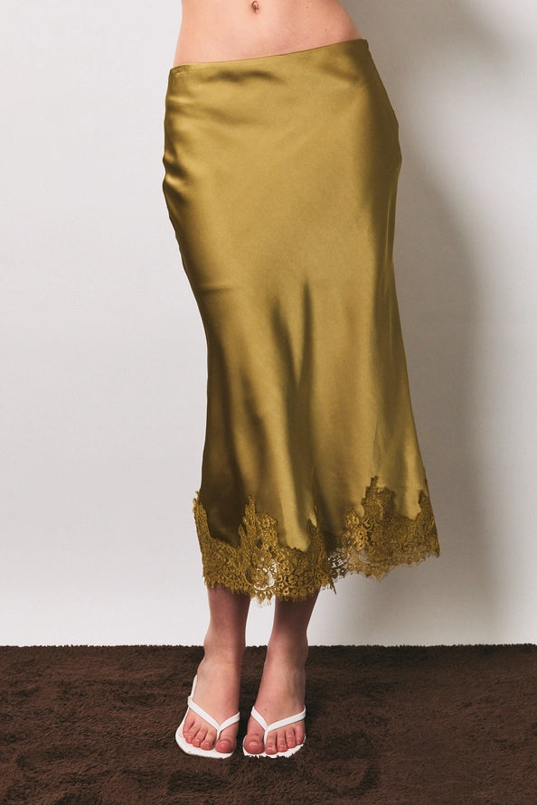 Nora Lace Trim Bias Cut Midi Skirt/Lt. Olive