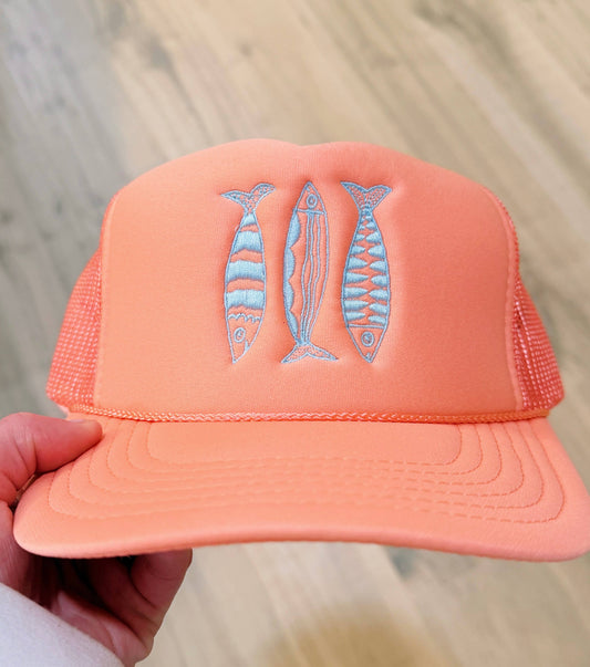 Sardine Summer Trucker Hat: Coral hat | light blue thread