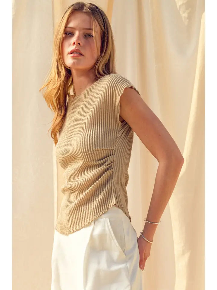 Megan Crinkled Fabric Cap Sleeve Top/Beige