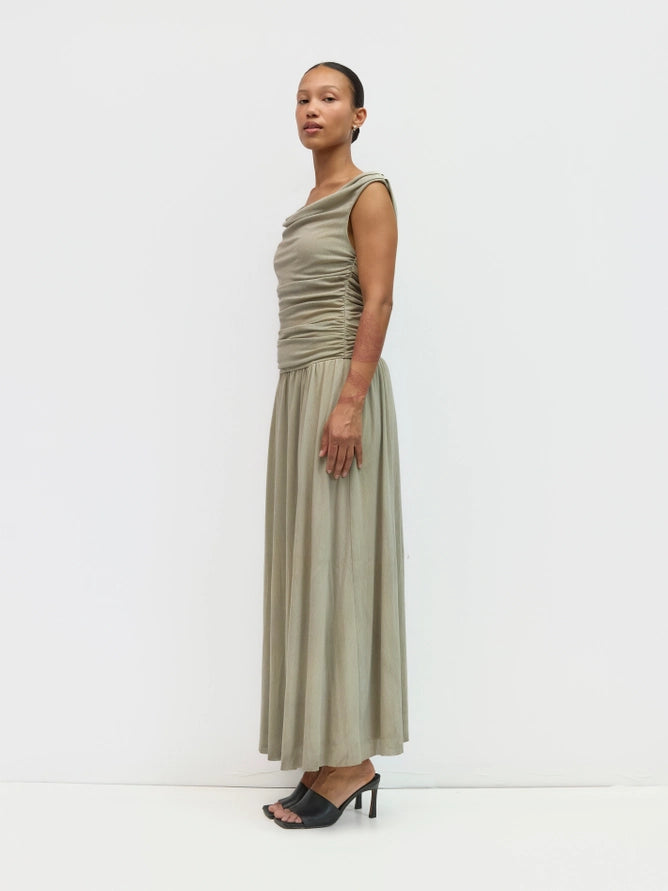 Annabelle Cowl Wide Neck Drape Mesh Midi Dress